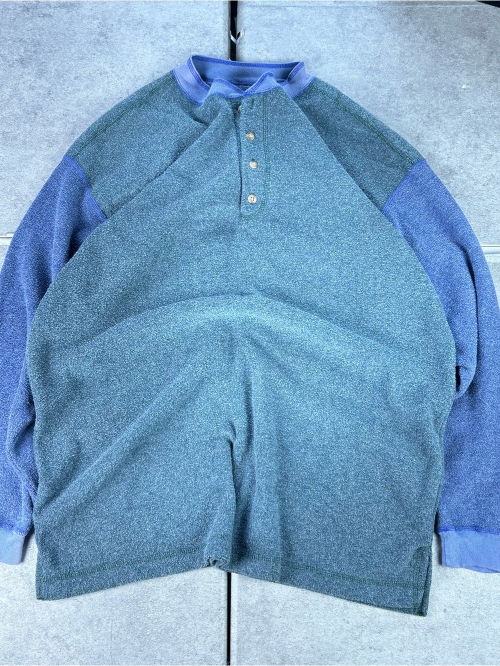 Vintage green and blue colorblock redhead quarter button pullover